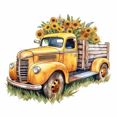 vintage truck picking up sunflowers drawn in watercolor, vector design, cutout,Sublimation Clipart ,Cartoon,hyper realistic, intricate detail, illustration style,high solution,on the white background