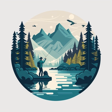 fishing in river going through forest mountains in the background clipart minimalistic