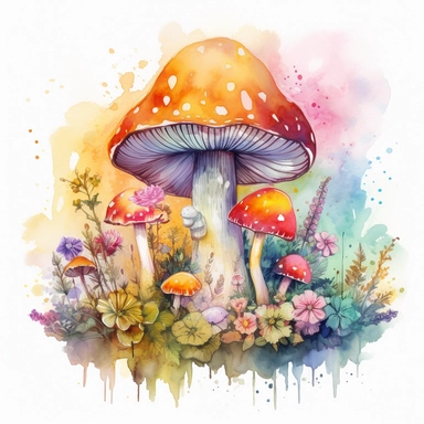 In this watercolor illustration, a mystical mushroom takes center stage, painted with vibrant hues and surrounded by delicate flowers and lush plants. The clipart design captures a magical scene, where fairies flit about in the air, their ethereal forms highlighted against a watercolor backdrop. The white background provides a stark contrast to the dominant yellow and pink color scheme, enhancing the enchanting atmosphere of the artwork. The intricate details of the flora and the playful presenc
