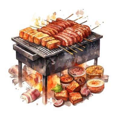 watercolour big barbecue with meat, clipart on white background, no watermark, highly detailed, professional color gradation, clean sharpness