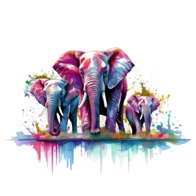 Elephants, multiple, splashing in a watering hole, vibrant colors, clipart, on a white background.