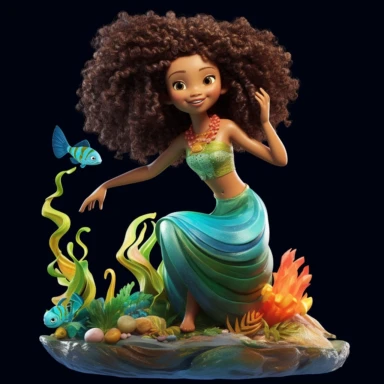 a dark complexion, a mermaid with curly afro textured hair, age 6, with a ultra vivid fin, lavishly beautiful, under the sea in the ocean, surrounded by marine life, full body, hyperrealistic, photorealistic, vivid color, pixar detailed, ultracrisp imagine, ultra realistic, hand drawn, clipart