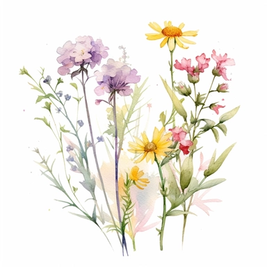 watercolor single meadow wildflower clipart with pastel colors like pink, yellow, purple and other pastel colors with no text and iamge, white background--s 500-v 5