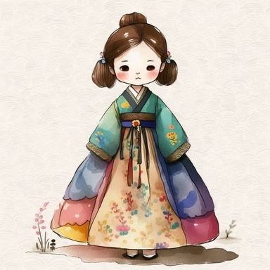 a cute little girl is wearing Korea traditional dress Hanbok. watercolor clipart, the skirt layers are designed to create a full and flowing silhouette, rainbow color jacket, The jacket worn by women in the royal family has long sleeves that are wide and 