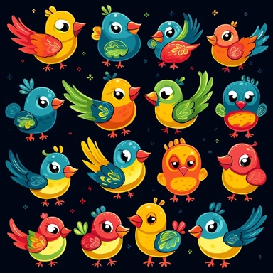 cute cartoon bird clipart, black background,--no cut-off edges