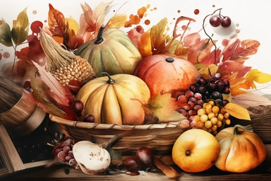 Watercolor Fall Cornucopia clipart. Autumn Harvest Clip Art, Thanksgiving Day art , .highly detailed, + cinematic shot + photo taken by sony + incredibly detailed, sharpen details + highly realistic + professional photography lighting + lightroom + behance photography unsplash
