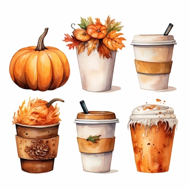autumn themes four takeaway pumpkin spice latte coffee cups, watercolour clipart, white background
