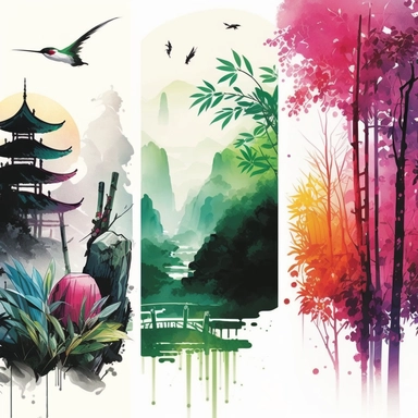 watercolor, colourful clipart Asia landscapes, bamboo, digital illustration, 8k, hd 1:3 v5