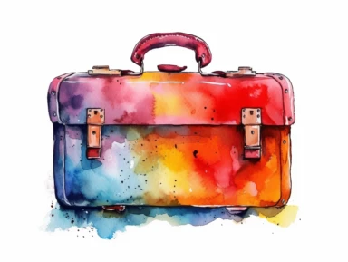 Watercolor clip art on white background, Suitcase, Clipart, high-resolution image with vibrant and true-to-life colors, isolated