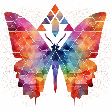 watercolor clipart of geometric butterfly, matrix code, intricate, vibrant chakra colors, sacred geometrical patterns, on white background