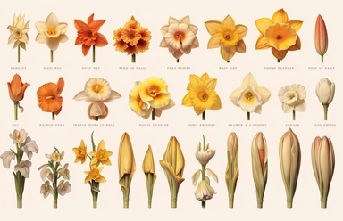 daffodil clipart, flower alphabet digital art, in the style of warm color palette, eduard gaertner, calculated, historical illustration, panoramic scale, 1970–present, beige and amber