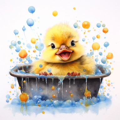 realistic watercolor drawing featuring a cute baby duckling, full of pure delight, as it happily frolics and splashes in a bathtub filled with a medley of colorful bubbles. The duckling's endearing expression and fluffy downy feathers are depicted with clean lines and vibrant colors, while the bubbles pop with a playful assortment of bright tones. The watercolor painting is created in a clipart style, allowing for easy integration into various projects and designs. Against a white background, th