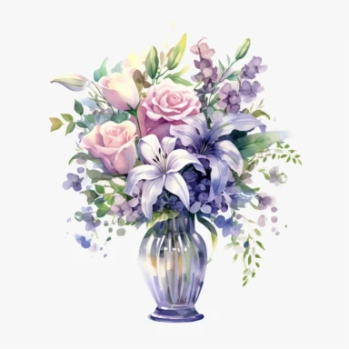 clipart vase of flower, the vase is made of clear glass, inside the vase there should be spray roses in full bloom , calla, dahlia, baby's breath, bells of ireland, larkspur, orchid, with eucalyptus leaves, add magical elements and shadows at the bottom, watercolour, high quality, HD,
