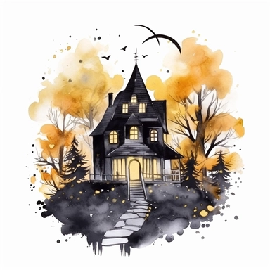 Watercolor Autumn black Witch house black and gold Clipart, at night time with moon in the back, white background
