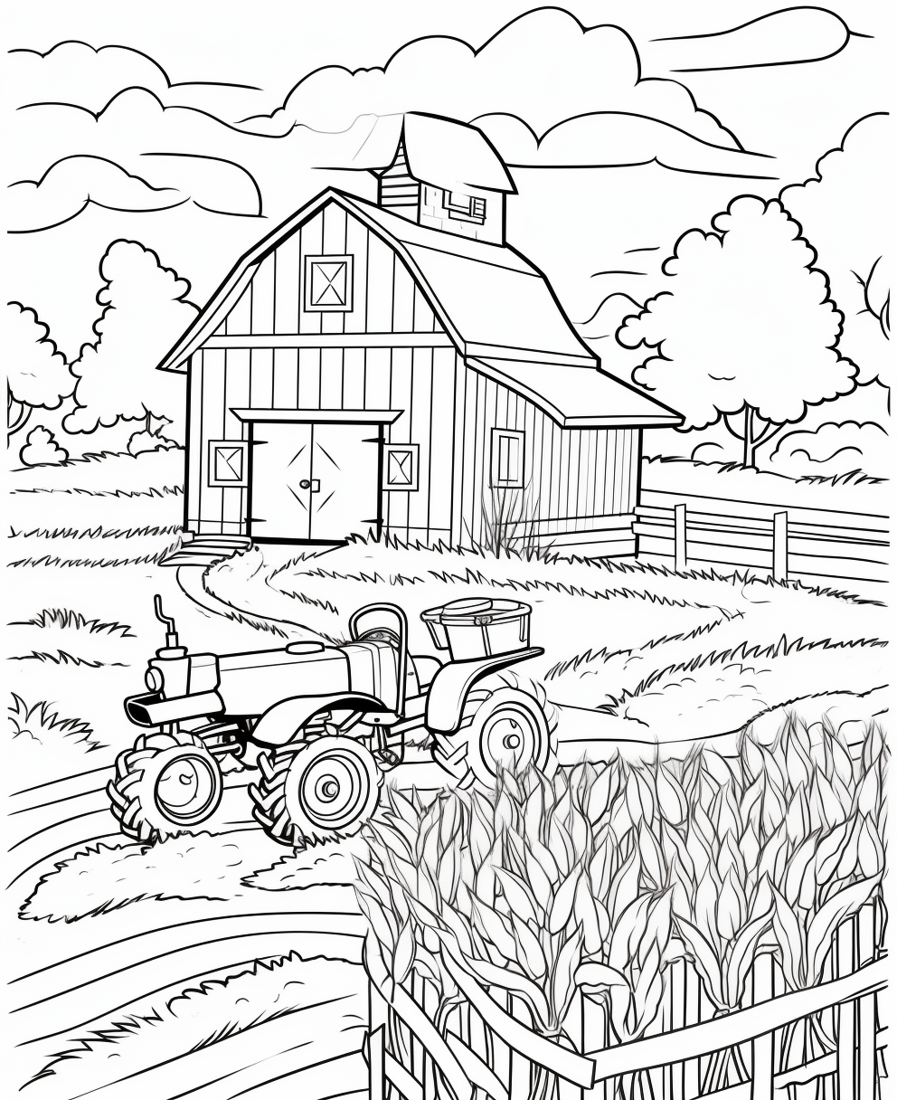Illustrate a farmhouse during the harvest season. Show fields of golden ...