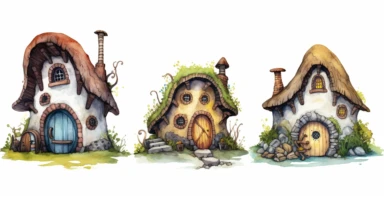 Adorable hobbit houses, clipart, vivid colours, ornamental watercolor, white background, I can’t believe how beautiful this is