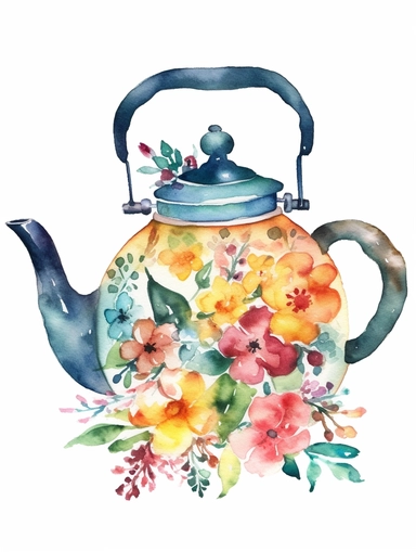 Watercolor clipart with white background, cute floral tea pot , cute and adorable, flat design, clearly defined separated image, high quality