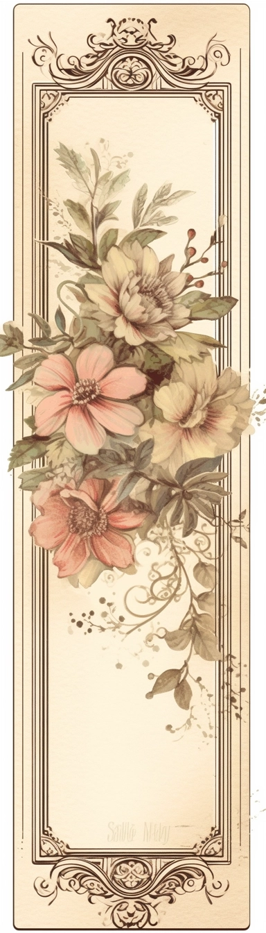 vintage inspired printable rectangle label with intricate sepia colored borders and hand drawn details. detailed with soft watercolor flowers at top edge only. No text. Isolated clipart on solid white background