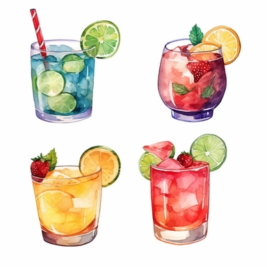 create 4 design water color Cocktail Clipart, Water Color Cocktail Clipart Pack, Alcohol drinks Clipart , Cocktail illustrations, Digital Art Collection,summer drinks, seperate clipart, isolated with white background, split diagram