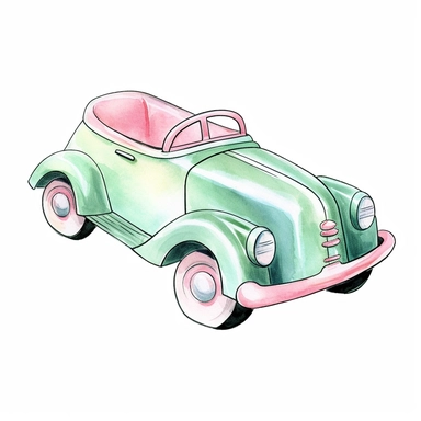 Vintage Hand painted pastel clipart of a pull along toy car in the style of vintage nursery kitsch Lefton, retro midcentury 1950’s, white background, contour