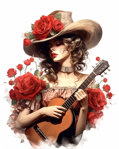 detailed beautiful lady facing me with vintage hat with red roses dressed in a vintage dress and playing a musical instrument, looking at the side, hyper realistic, isolated on white backgorund, clipart