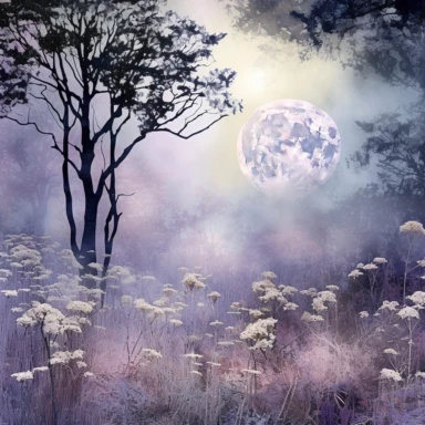 Watercolour wildflowers, trees in the forest, moon in background, lilac blue and purple colors, beautiful details, ultra detailed, ultra photo real intricate detailed, high definition, graphic clipart, hyper realistic, detailed, fog in background