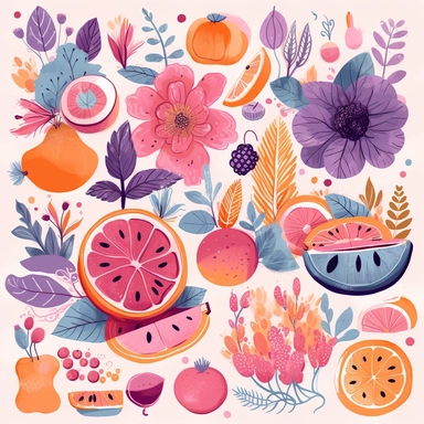 isoluated clipart illustrations combining vibrant and pastel colour palettes to evoke feelings of joy, innocence, and enthusiasm. Pastel tones, pinks, and purples dominate the palette, creating a harmonious and comforting visual experience, focuses on summer fruits and cocktails in a garden of flowers in the style of óscar domínguez on isolated white background