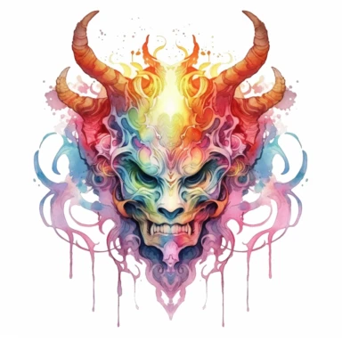 Solid white background, Detailed watercolor/alcohol ink magical demon amulet clipart. Isolated image. high key and with vivid colors