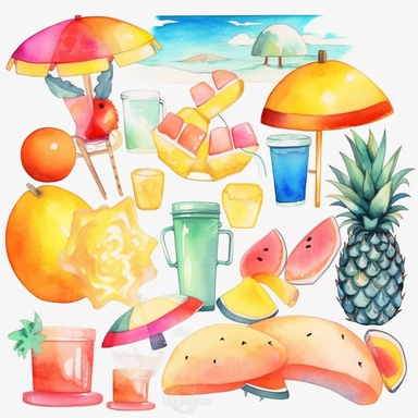 Watercolor Summer, beach, hawaii Clipart, bold colors, sand toys sticker pack