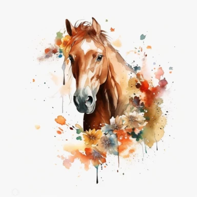 colorful Horse, full-body portrait, in frame, background frame, inside the background frame, (Mustang - Brown with a wild, untamed look), Watercolor Clipart, massive flowers splash, LUSH, flowers splash, full Illustration, ((white background)), 4k, sharp focus, watercolor, smooth soft skin, japanese style, symmetrical, soft lighting, detailed face, concept art, muted colors, watercolor style, children's style fairy tales, Octane rendering, 3d, Perfect face, detailed face, delicate face, perfect 
