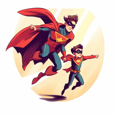 a comic-style, clipart image (floating image), full body image of a mother and child duo where the child is the superhero's sidekick, wearing super suits