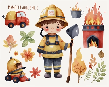 simple cute firefighter set for kids. Watercolour clipart