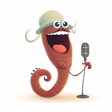a long earthworm with a mustache singing in a microphone clipart white background