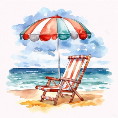 Watercolor Beach Chair, sky, beach, umbrella, ball, Summer party, Swim ring clipart on the beach, white background, detailed, 8K