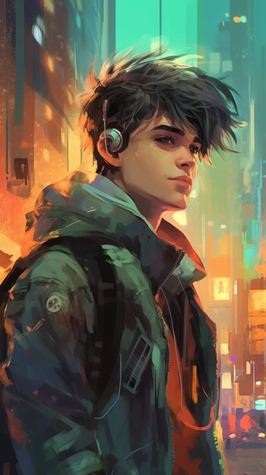 beautiful stunning pretty vintage cyberpunk anime young man, paint art style, clipart, city landscape background, superrealistic, one of a kind