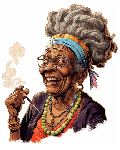 laughing funny Comic Book style Sassy hip African American Boho chic Grandma with long goddess braids puff puff pass Smoking a cuban cigar with smoke on the end tip of big blunt clipart