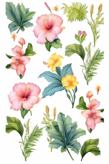 Watercolor flower, various color of hibiscus floral garden Bouquets PNG Clipart, wedding digital wildflower green leaves herbs Lisima