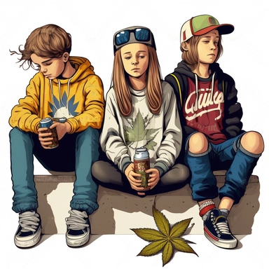 clipart - 2 teenager boys and 1 girl smoking cigarettes and marihuana, they are drinking beer from a can, there is a skateboard by them, one boy has a picture of a cannabis leaf on his sweatshirt, they are all sitting by a brick wall with graffiti