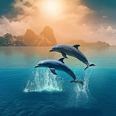 panoramic view, 2 dolphins jumping out of beautiful blue water in the far distance, sharp focus, high detail, romantic, fantasy, ethereal, illustration clipart style
