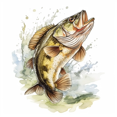 a Jumping Bass Fishing watercolor Clipart sublimation clipart graphic, full body, clipart, sticker, a single picture, cartoon style, highly detailed, 8k, one image in the frame--no text in the picture--