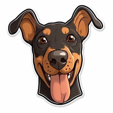 cute Doberman Pinscher, happy and smiling, bold line, clipart, sticker, white background, no shadow, 8k detail