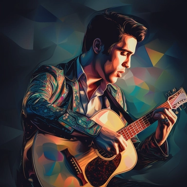 portrait view, full view, beautiful jewel colors, beautiful image of Elvis Presley with guitar and microphone, romantic, fantasy, sharp focus, high detail, 8k illustration clipart style, transparent background, (--iw 8)