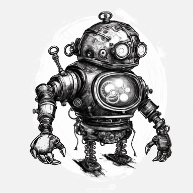 A curious steampunk robot examining a pocket watch, gears visible through its transparent chest cavity ,Steampunk, black and white color obly, black ink, transparent background png, clipart no captions