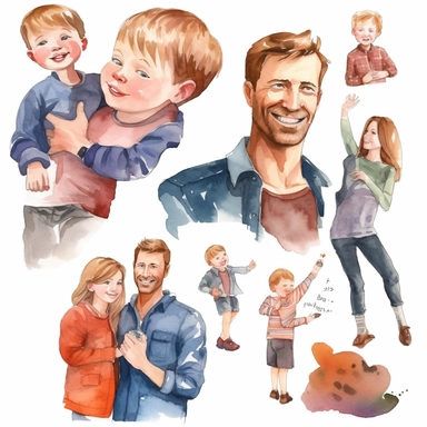watercolor kids love for their dad, illustrations clipart set, simple, , cartoon elements , father's day elements, good anatomy and beautiful faces, handsome faces, different variants , separate elements with a margin