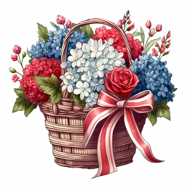 Red and blue and white flower basket clipart, red ribbons, high detailed, realistic detail, illustration style, high solution, on the white background