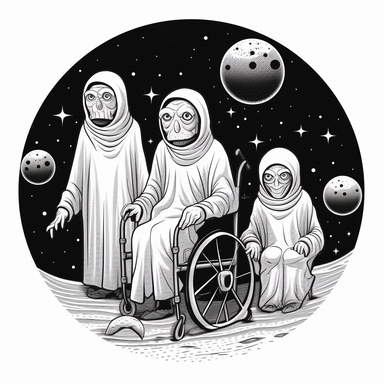 3 clipart elderly aliens scowling, wheelchair, bandaged, canes, black and white image, circle style