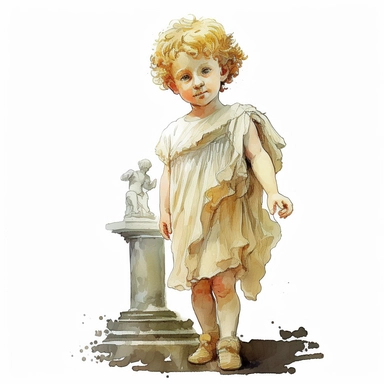 a cute and ultra realistic hellenistic little blonde curly haired boy with watercolor effect,full body,ultra realistic,ancient greece vibe,white background,suitable for digital clipart,hellenistic scene,ancient greece,vibrantly colors,greek columns