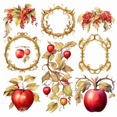 gold leaf and red apple frames, rococo, icicles, watercolor clipart