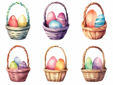 Watercolor clip art on white background, Easter Baskets Clipart, high-resolution image with vibrant and true-to-life colors, isolated