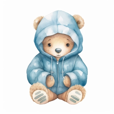 a cute adorable toy teddy bear boy, in a sitting pse, wearing a blue hooded sweater, kawaii simple watercolor clipart, white background white background